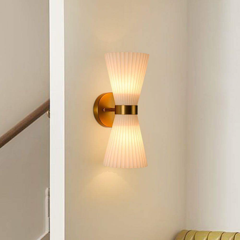 Pendantlightie - Modern 2 - Light Pleated Glass Shade Double Cone Sconce - Wall Light - White - 