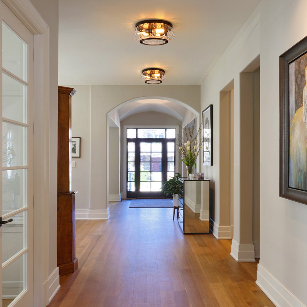 Pendantlightie - Modern 3 - Light Clear Ripped Round Water Pattern Shade Bowl Flush Mount - Flush Mount - Oil Rubbed Bronze - 