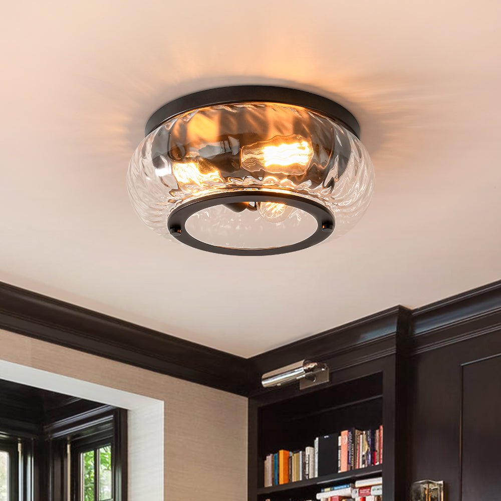 Pendantlightie - Modern 3 - Light Clear Ripped Round Water Pattern Shade Bowl Flush Mount - Flush Mount - Oil Rubbed Bronze - 