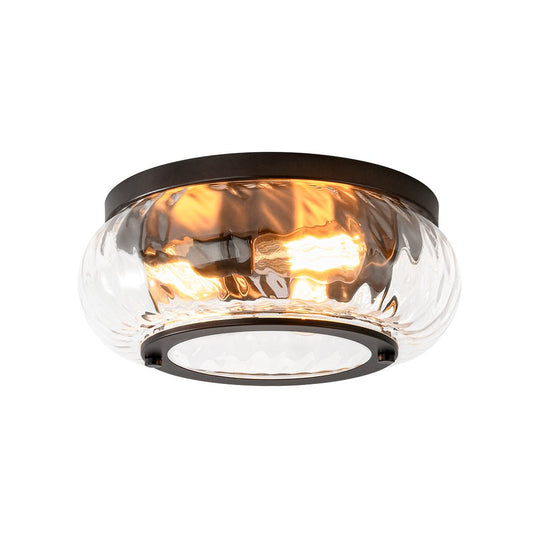 Pendantlightie - Modern 3 - Light Clear Ripped Round Water Pattern Shade Bowl Flush Mount - Flush Mount - Oil Rubbed Bronze - 