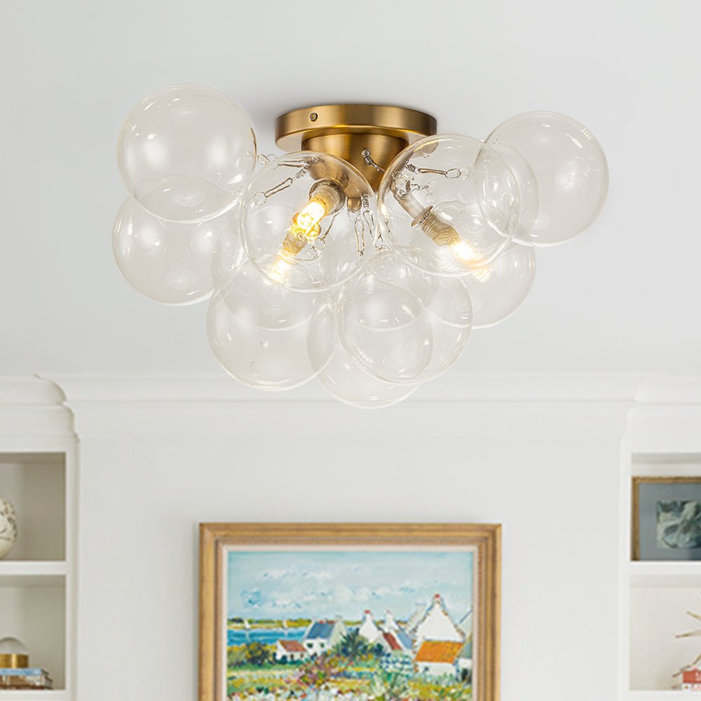 Pendantlightie - Modern 3 - Light Cluster Clear Glass Bubble Semi Flush Mount - Semi Flush Mount - Brass - 