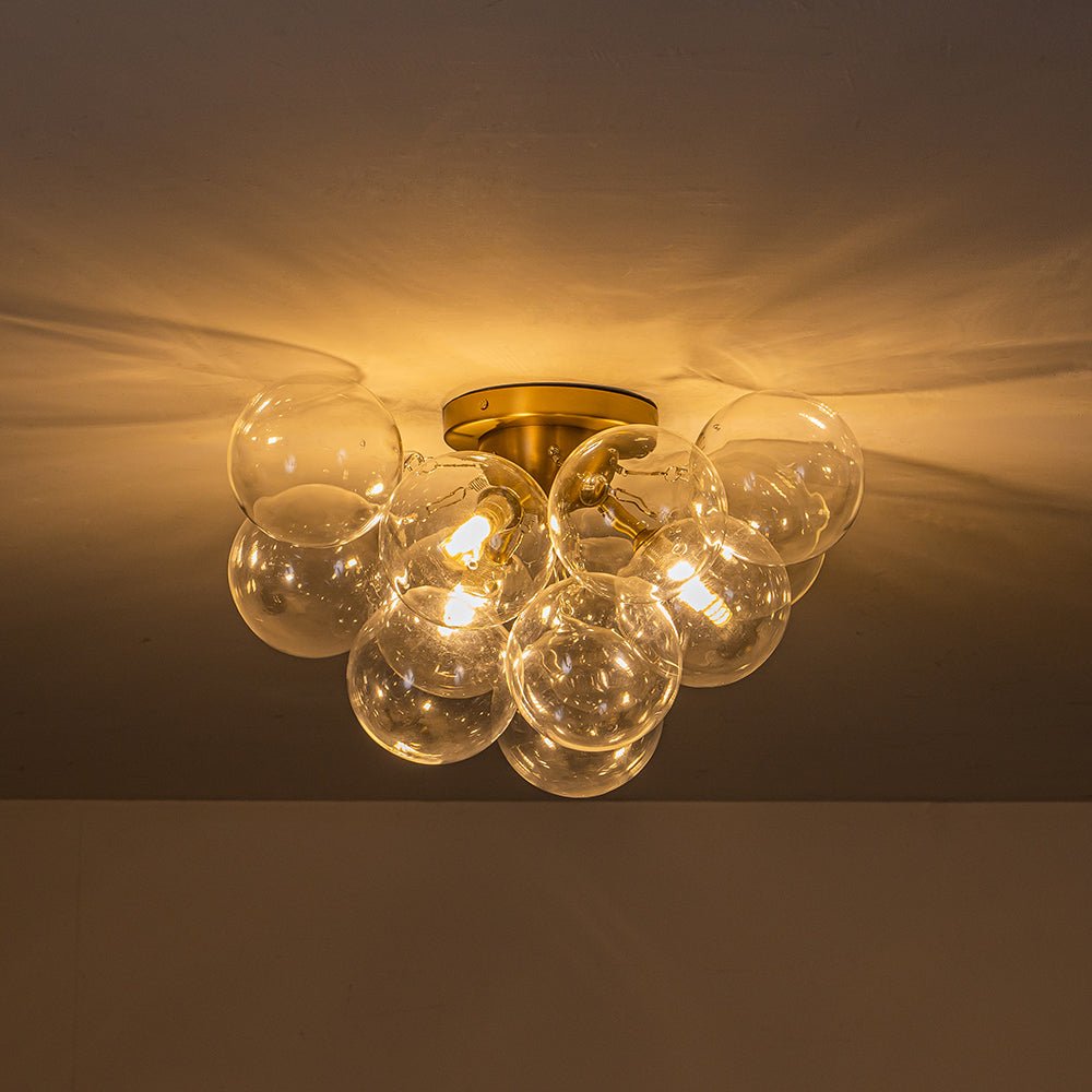 Pendantlightie - Modern 3 - Light Cluster Clear Glass Bubble Semi Flush Mount - Semi Flush Mount - Brass - 