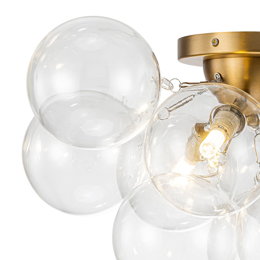 Pendantlightie - Modern 3 - Light Cluster Clear Glass Bubble Semi Flush Mount - Semi Flush Mount - Brass - 