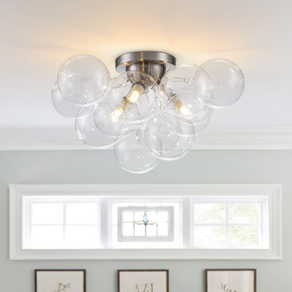 Pendantlightie - Modern 3 - Light Cluster Clear Glass Bubble Semi Flush Mount - Semi Flush Mount - Nickel - 