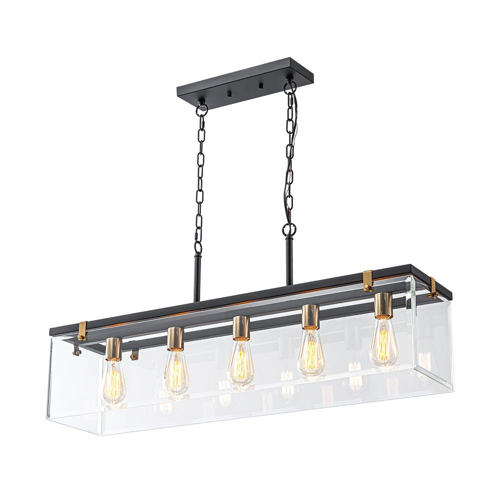 Pendantlightie - Modern 5 - Light Clear Glass Kitchen Island Rectangular Chandelier - Chandeliers - Black - 