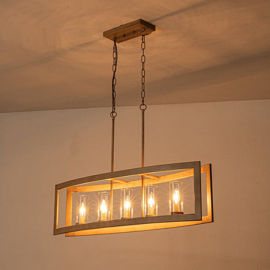Pendantlightie-Modern 5-Light Rectangle Kitchen Island Chandelier With Glass Shades-Chandeliers-Faux Wood Grain-