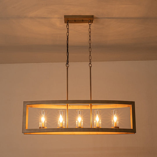 Pendantlightie-Modern 5-Light Rectangle Kitchen Island Chandelier With Glass Shades-Chandeliers-Faux Wood Grain-
