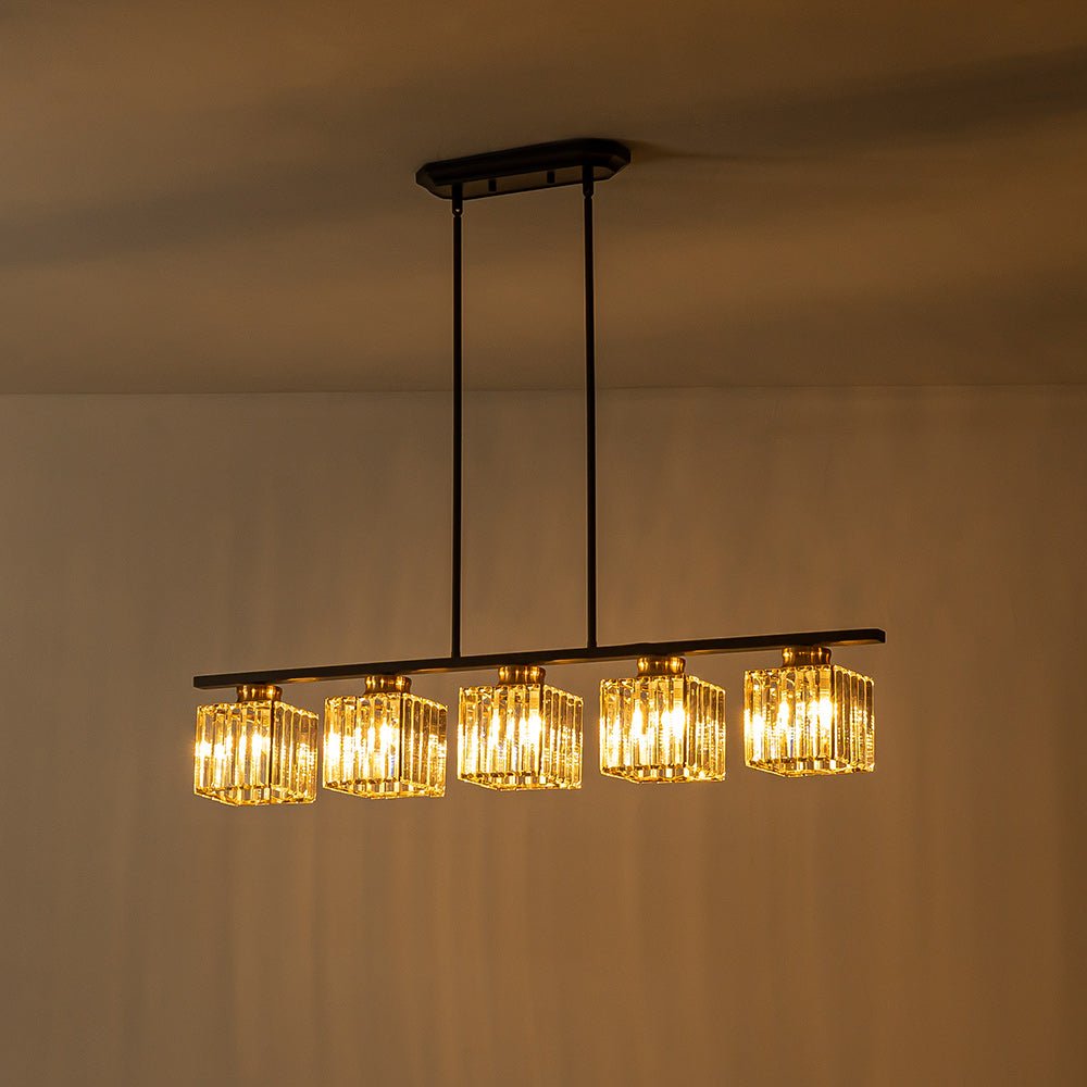 Pendantlightie - Modern 5 - Light Rectangular Crystal Shade Linear Island Pendant - Pendants - Black+Gold - 