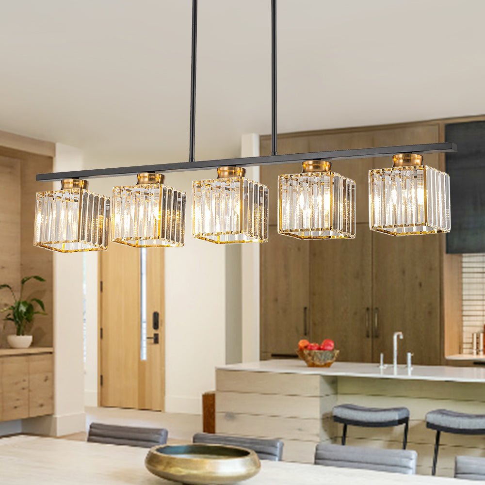 Pendantlightie - Modern 5 - Light Rectangular Crystal Shade Linear Island Pendant - Pendants - Black+Gold - 