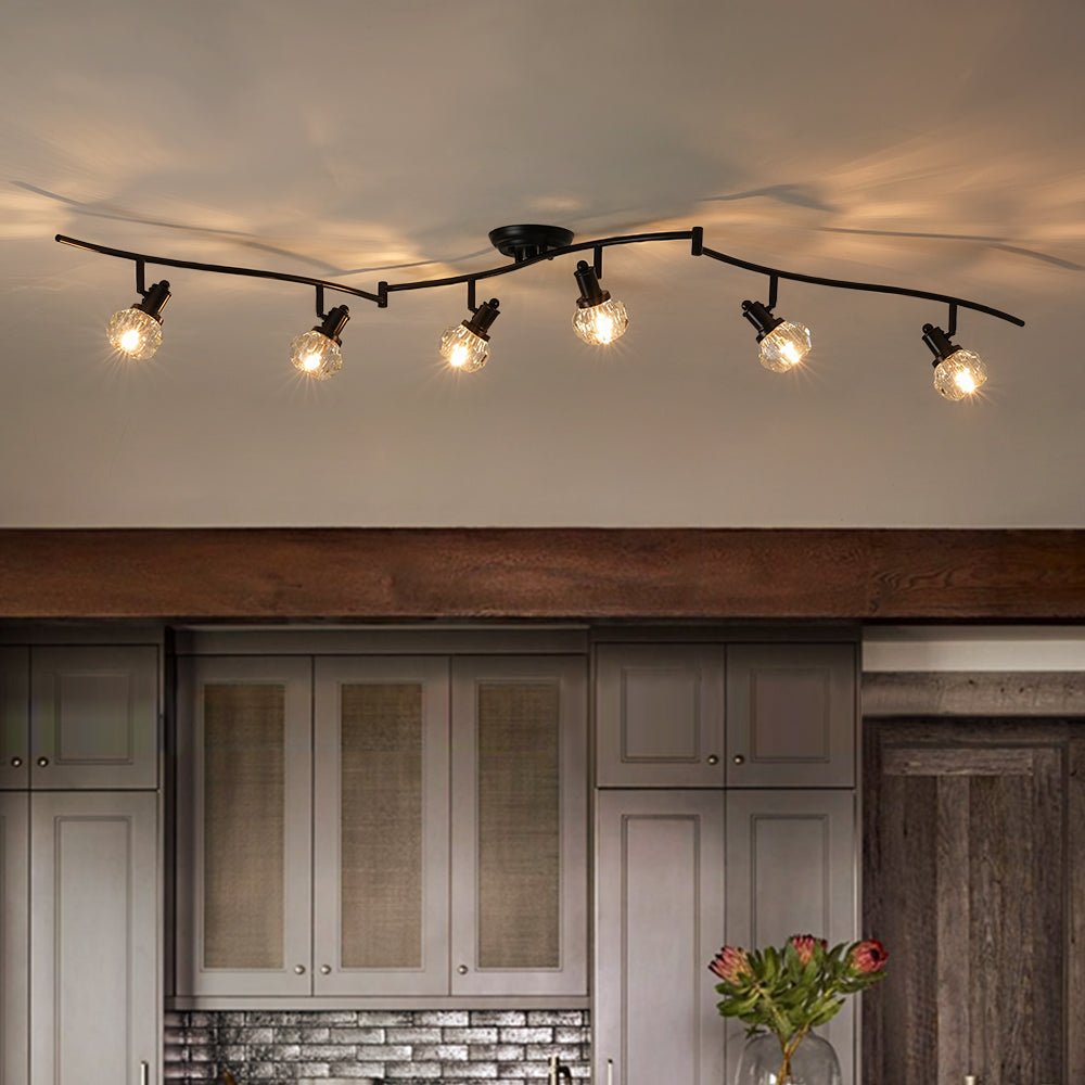 Pendantlightie - Modern 6 - Light Crystal Accent Spot Track Light With Rotatable Heads - Semi Flush Mount - Black - 