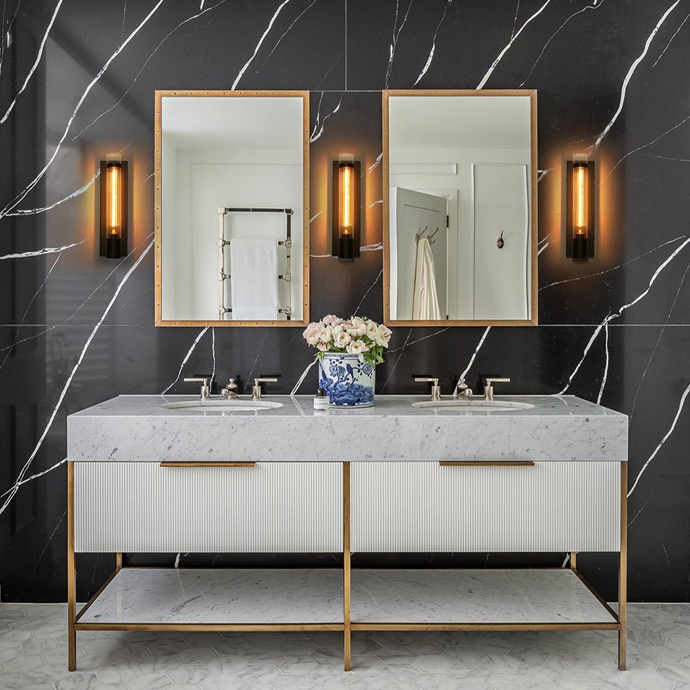 Pendantlightie - Modern Classical 1 - Light Fluted Cylinder Glass Vanity Sconce - Wall Light - Black - 