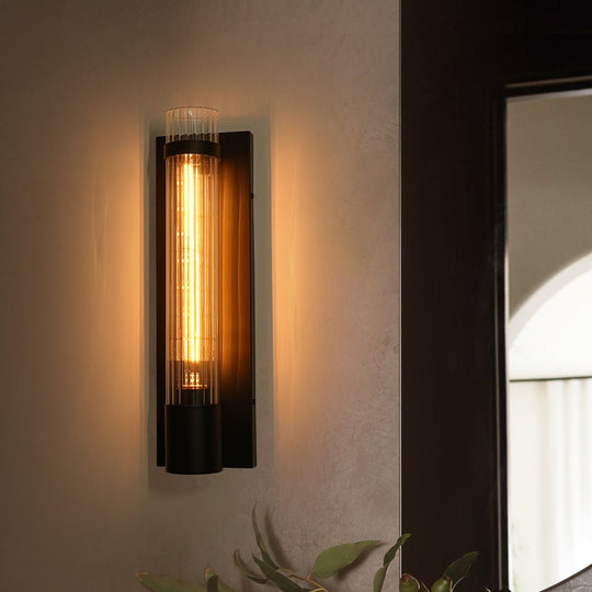 Pendantlightie - Modern Classical 1 - Light Fluted Cylinder Glass Vanity Sconce - Wall Light - Black - 