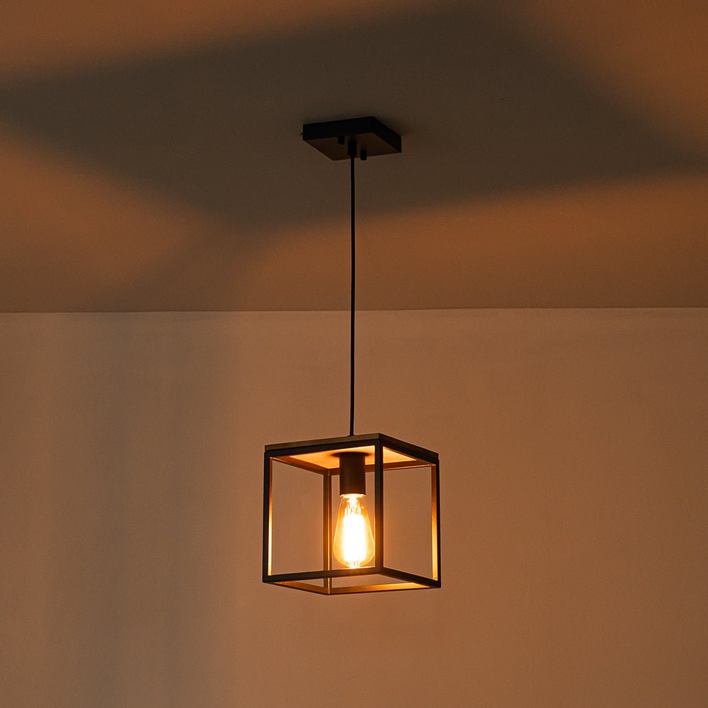 Pendantlightie - Modern Farmhouse 1 - Light Cage Square Pendant With Wood Accents - Pendants - Black - 