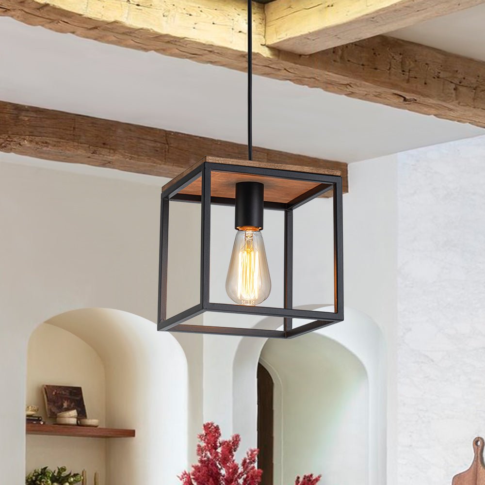 Pendantlightie - Modern Farmhouse 1 - Light Cage Square Pendant With Wood Accents - Pendants - Black - 