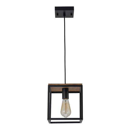 Pendantlightie - Modern Farmhouse 1 - Light Cage Square Pendant With Wood Accents - Pendants - Black - 