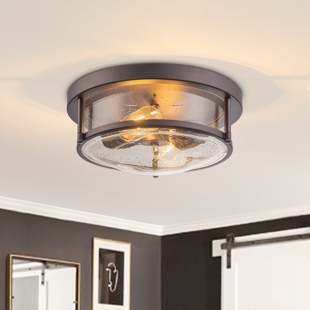 Pendantlightie - Modern Farmhouse 2 - Light Seeded Drum Glass Flush Ceiling Light - Flush Mount - Oil Rubbed Bronze - 