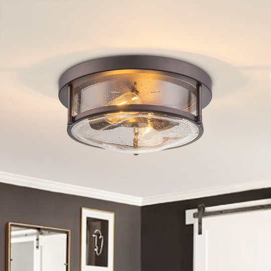 Pendantlightie - Modern Farmhouse 2 - Light Seeded Drum Glass Flush Ceiling Light - Flush Mount - Oil Rubbed Bronze - 