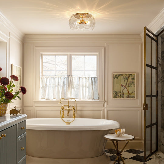 Pendantlightie-Modern Farmhouse 3-Light Wide Round Drum Hammered Glass Flush Mount-Flush Mount-Gold-