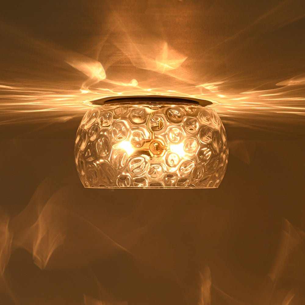 Pendantlightie-Modern Farmhouse 3-Light Wide Round Drum Hammered Glass Flush Mount-Flush Mount-Gold-