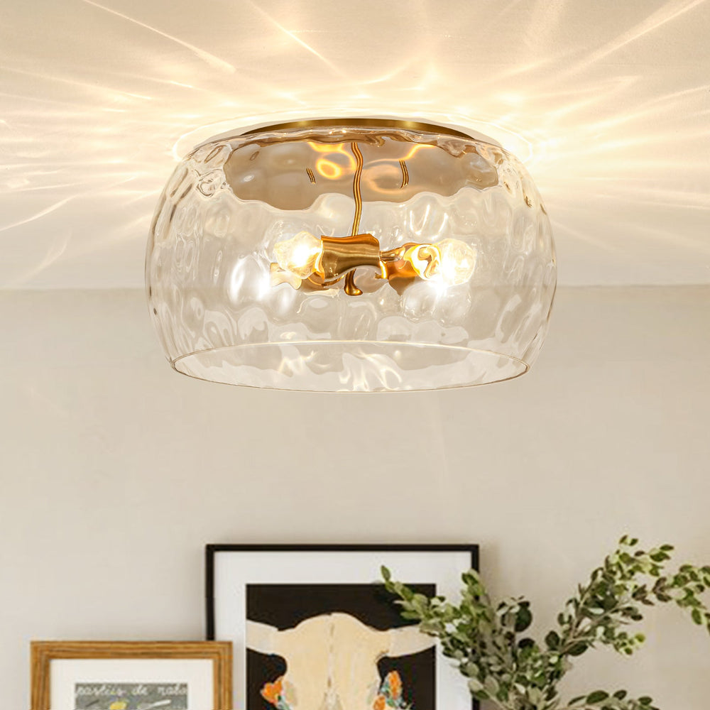Pendantlightie-Modern Farmhouse 3-Light Wide Round Drum Hammered Glass Flush Mount-Flush Mount-Gold-