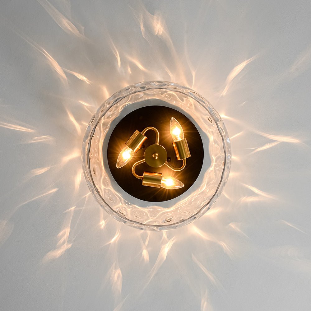 Pendantlightie-Modern Farmhouse 3-Light Wide Round Drum Hammered Glass Flush Mount-Flush Mount-Gold-