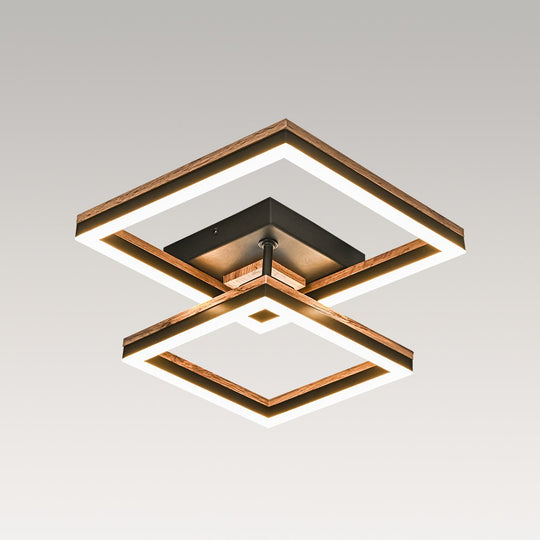 Pendantlightie - Modern Farmhouse Walnut Wood Grain Led Square Ceiling Light - Semi Flush Mount - 2Lt - 