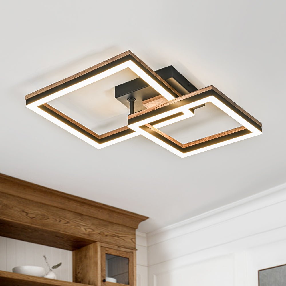 Pendantlightie - Modern Farmhouse Walnut Wood Grain Led Square Ceiling Light - Semi Flush Mount - 2Lt - 