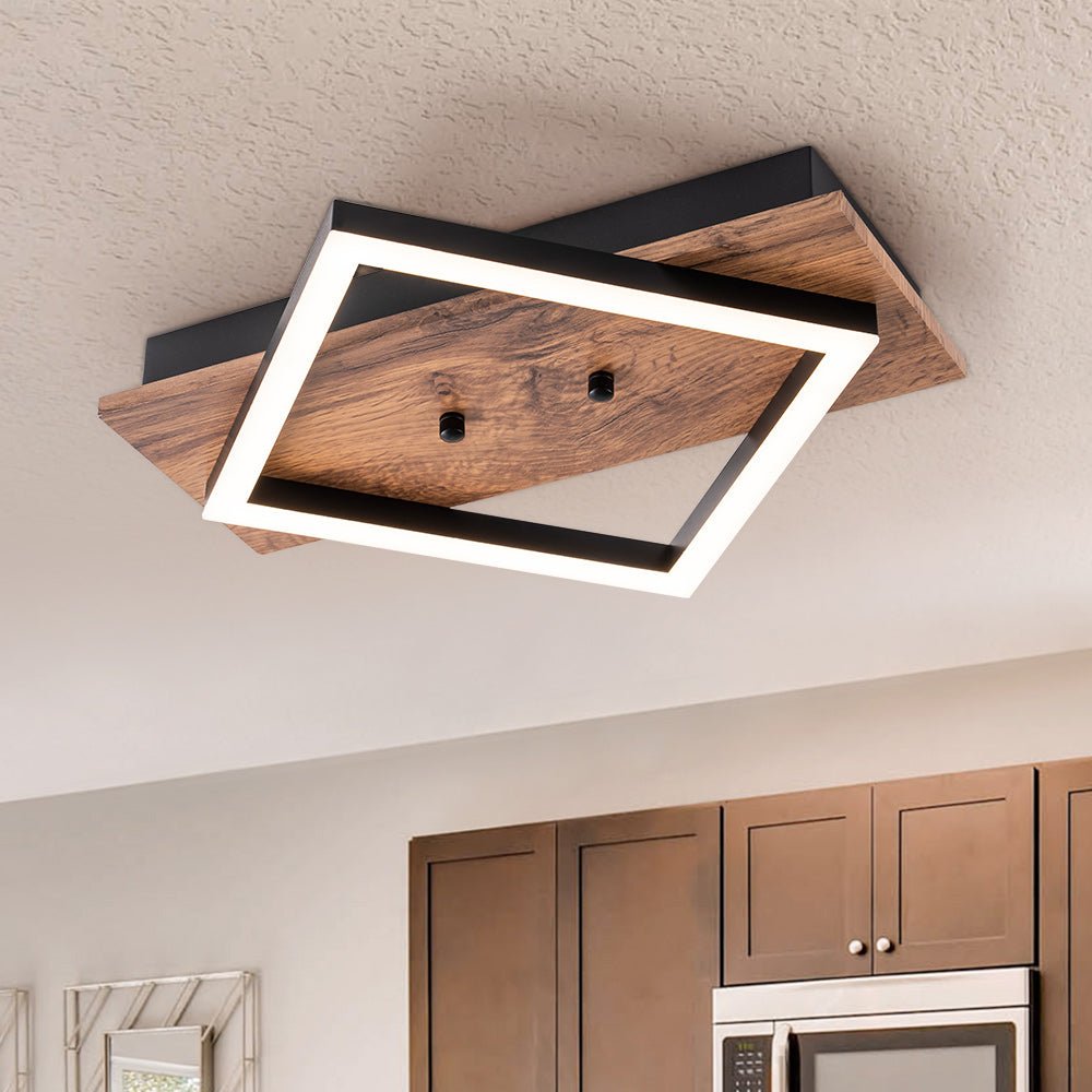 Pendantlightie - Modern Farmhouse Walnut Wood Grain Square Design Led Flush Mount - Flush Mount - Warm White Light - 