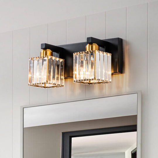 Pendantlightie - Modern Glam Square Crystal Shade Vanity Light - Wall Light - Black+Gold - 2Lt