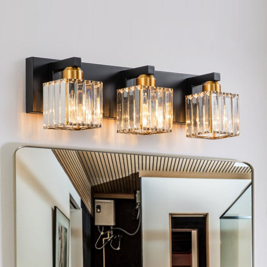 Pendantlightie - Modern Glam Square Crystal Shade Vanity Light - Wall Light - Black+Gold - 3Lt