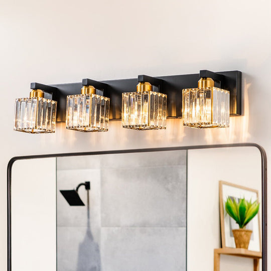 Pendantlightie - Modern Glam Square Crystal Shade Vanity Light - Wall Light - Black+Gold - 4Lt