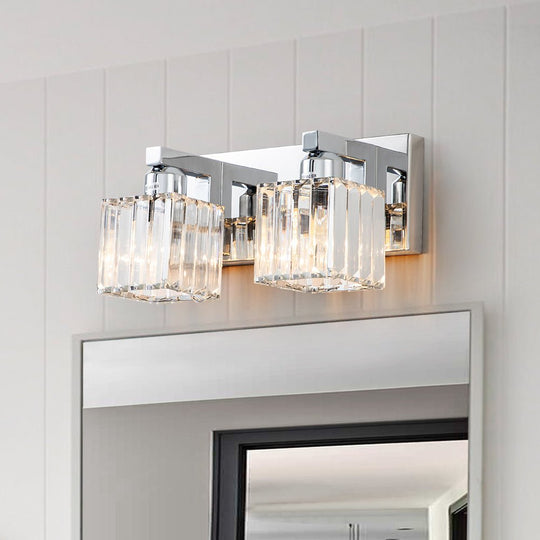 Pendantlightie - Modern Glam Square Crystal Shade Vanity Light - Wall Light - Chrome - 2Lt