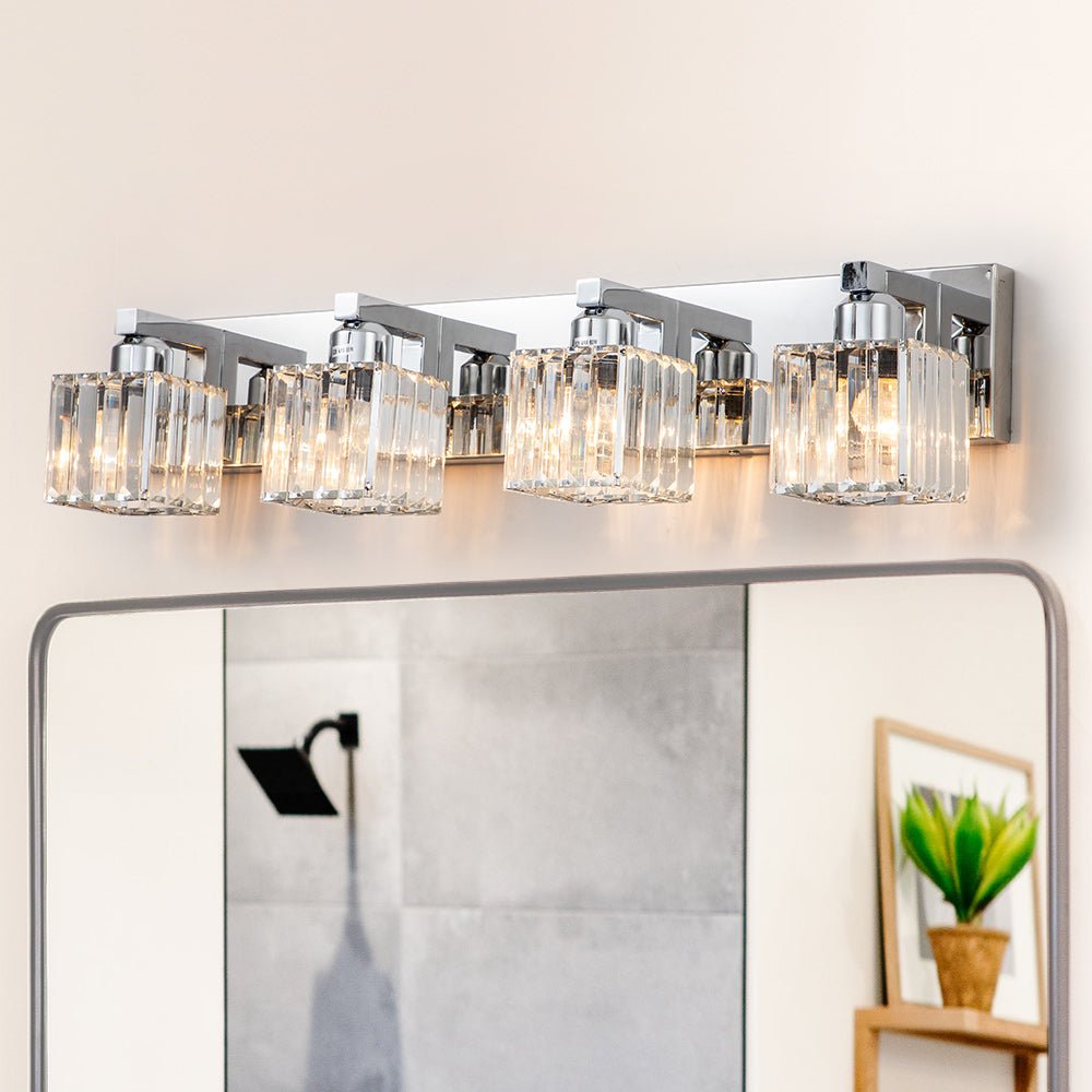 Pendantlightie - Modern Glam Square Crystal Shade Vanity Light - Wall Light - Chrome - 4Lt