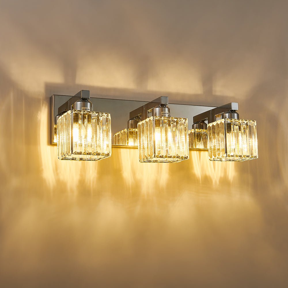 Pendantlightie - Modern Glam Square Crystal Shade Vanity Light - Wall Light - Chrome - 4Lt