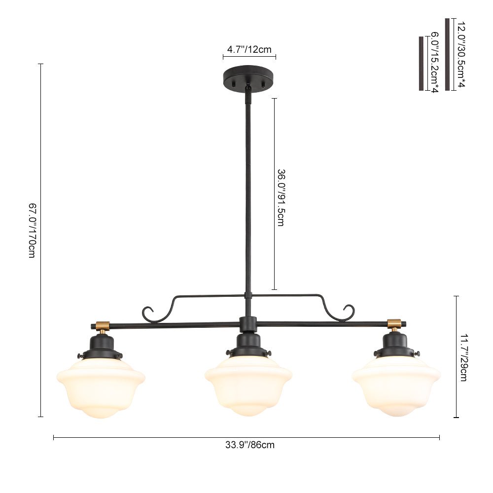 Pendantlightie - Modern Industrial 3 - Light Island Linear Schoolhouse Glass Pendant - Pendants - Black - 