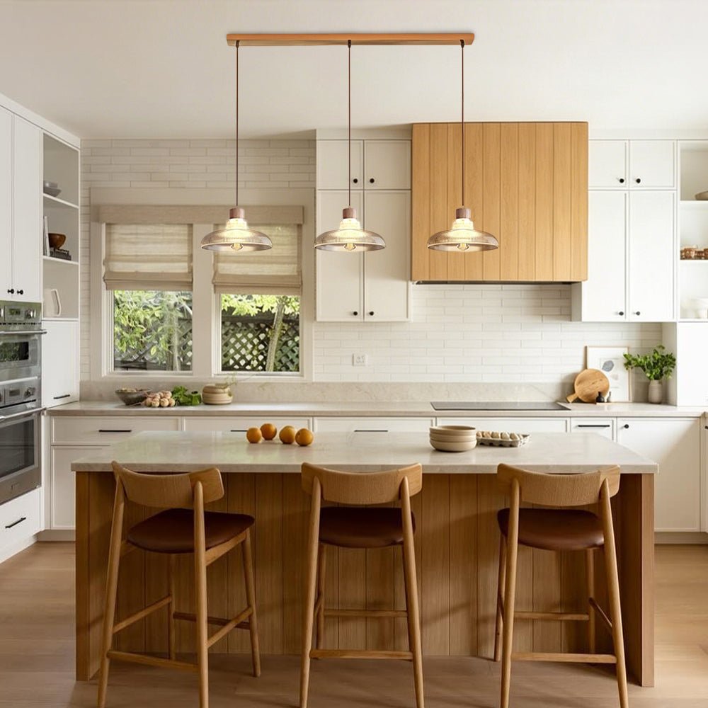 Pendantlightie - Modern Linear Island Wood Accents Dome Shape Glass Pendant Light - Pendants - 3Lt - 