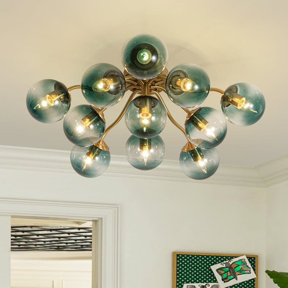 Pendantlightie - Modern Mid - Century Gradient Blue Glass Globe Sputnik Semi Ceiling Light - Semi Flush Mount - Brass - 11Lt