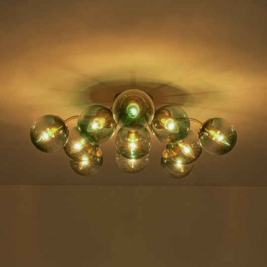 Pendantlightie - Modern Mid - Century Gradient Blue Glass Globe Sputnik Semi Ceiling Light - Semi Flush Mount - Brass - 6Lt