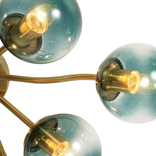 Pendantlightie - Modern Mid - Century Gradient Blue Glass Globe Sputnik Semi Ceiling Light - Semi Flush Mount - Brass - 6Lt