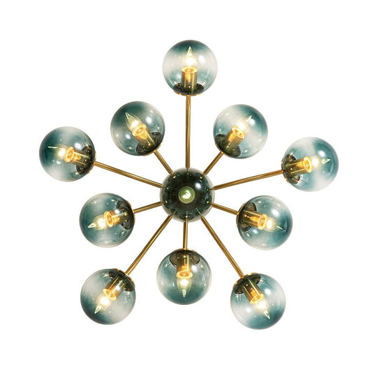 Pendantlightie - Modern Mid - Century Gradient Blue Glass Globe Sputnik Semi Ceiling Light - Semi Flush Mount - Brass - 6Lt
