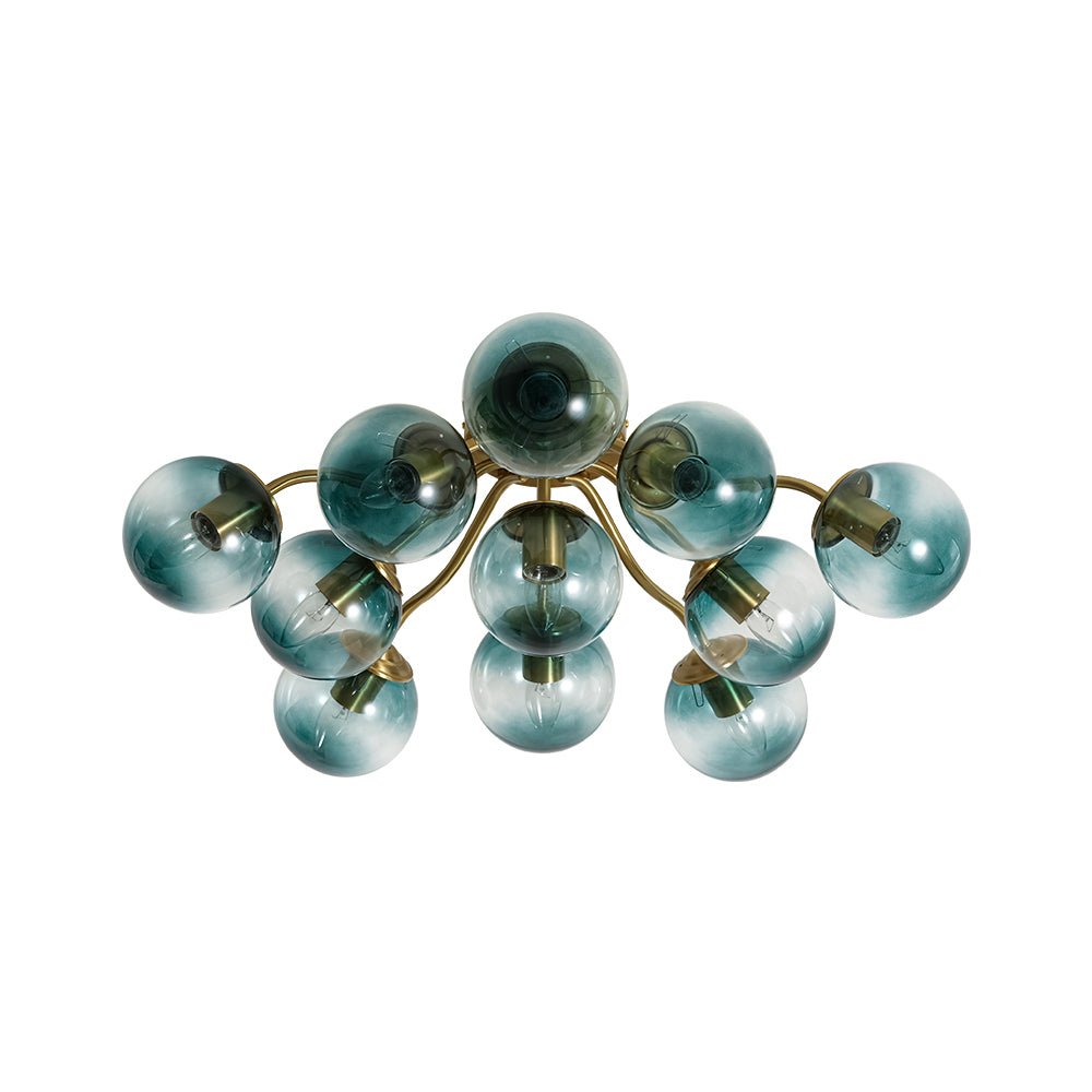 Pendantlightie - Modern Mid - Century Gradient Blue Glass Globe Sputnik Semi Ceiling Light - Semi Flush Mount - Brass - 6Lt