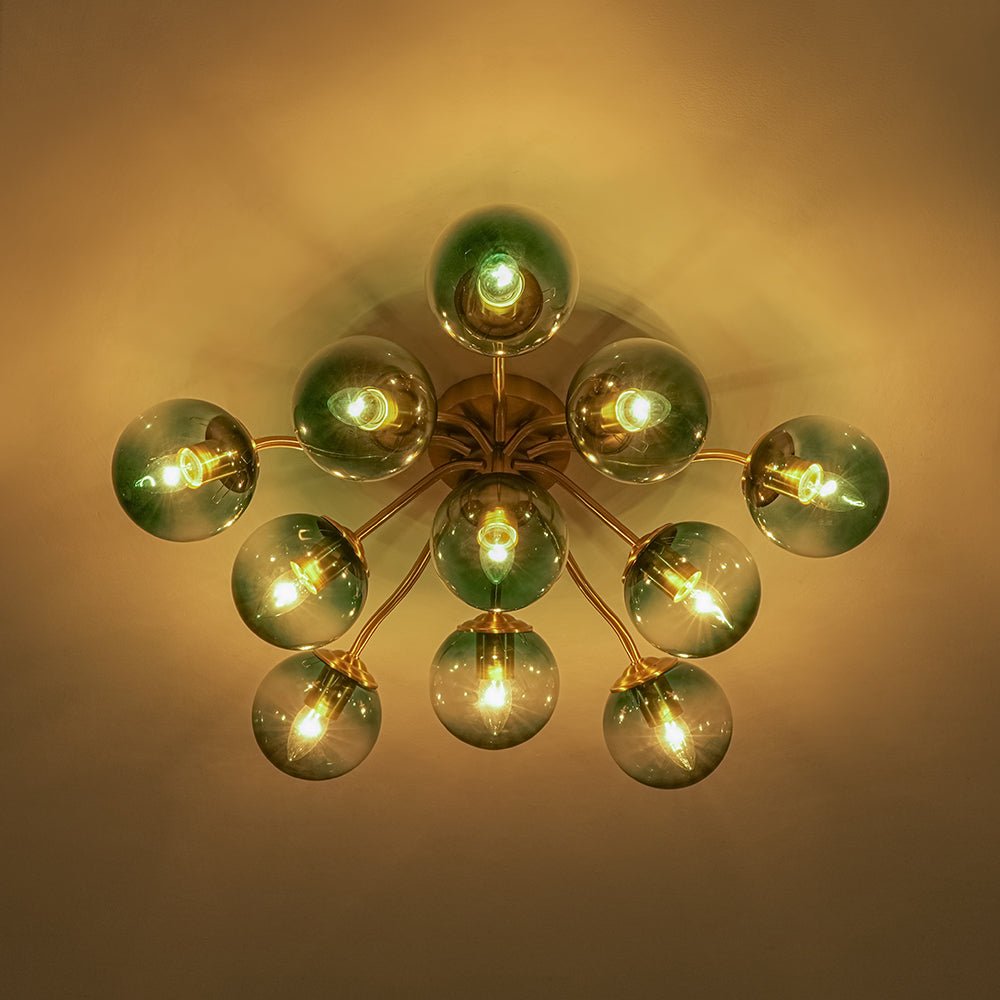 Pendantlightie - Modern Mid - Century Gradient Blue Glass Globe Sputnik Semi Ceiling Light - Semi Flush Mount - Brass - 6Lt