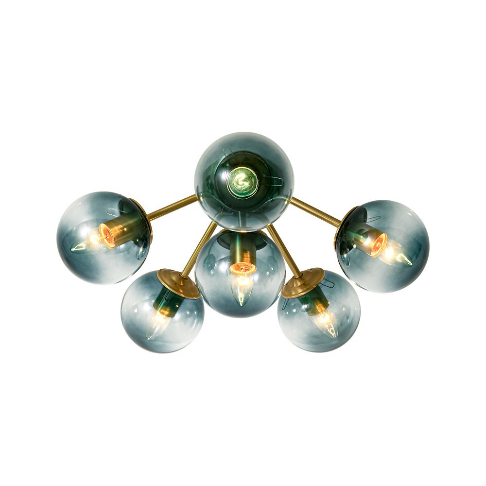 Pendantlightie - Modern Mid - Century Gradient Blue Glass Globe Sputnik Semi Ceiling Light - Semi Flush Mount - Brass - 6Lt