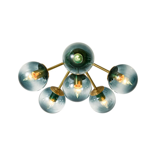 Pendantlightie - Modern Mid - Century Gradient Blue Glass Globe Sputnik Semi Ceiling Light - Semi Flush Mount - Brass - 6Lt