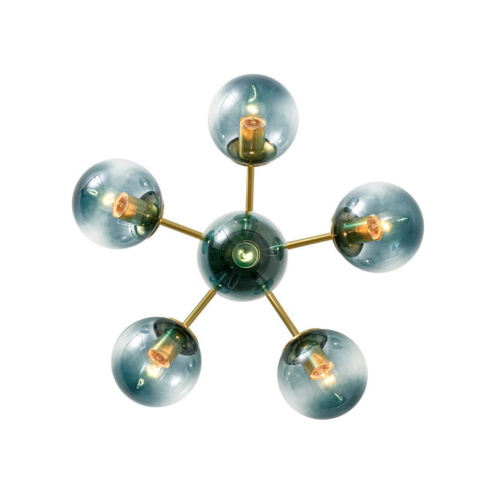 Pendantlightie - Modern Mid - Century Gradient Blue Glass Globe Sputnik Semi Ceiling Light - Semi Flush Mount - Brass - 6Lt