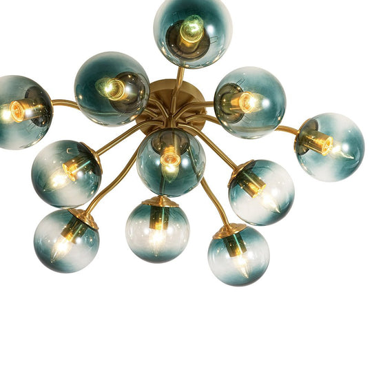Pendantlightie - Modern Mid - Century Gradient Blue Glass Globe Sputnik Semi Ceiling Light - Semi Flush Mount - Brass - 6Lt