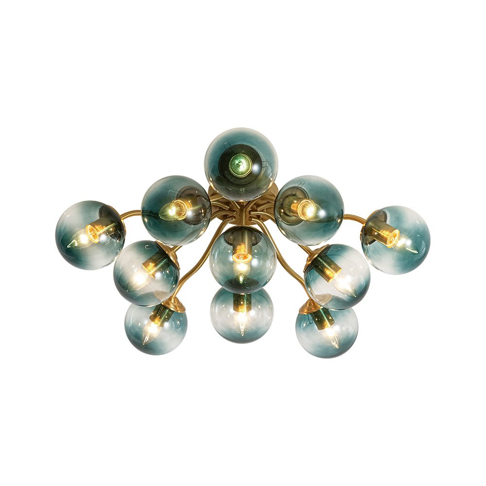 Pendantlightie - Modern Mid - Century Gradient Blue Glass Globe Sputnik Semi Ceiling Light - Semi Flush Mount - Brass - 6Lt
