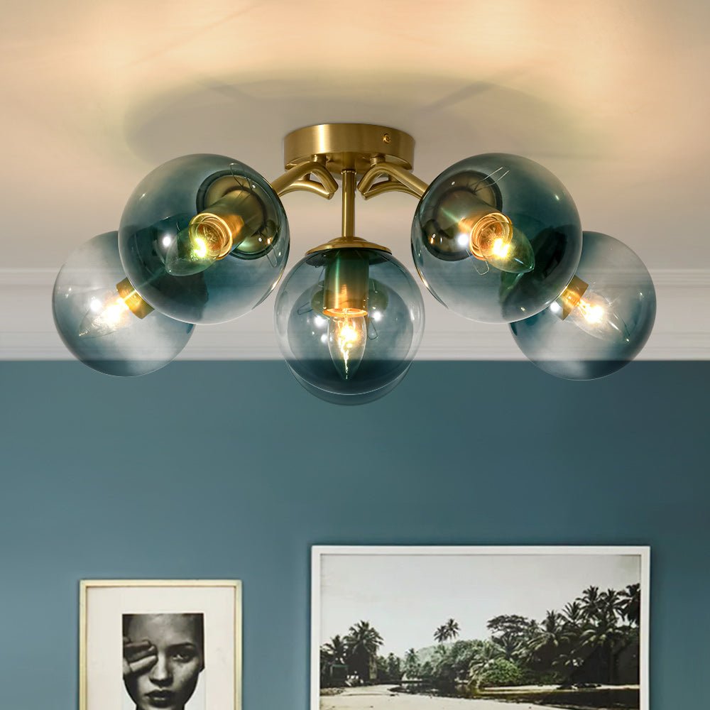 Pendantlightie - Modern Mid - Century Gradient Blue Glass Globe Sputnik Semi Ceiling Light - Semi Flush Mount - Brass - 6Lt