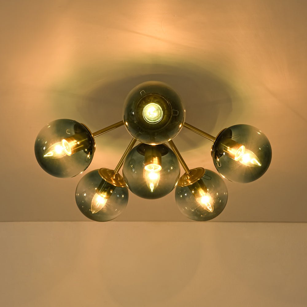 Pendantlightie - Modern Mid - Century Gradient Blue Glass Globe Sputnik Semi Ceiling Light - Semi Flush Mount - Brass - 6Lt