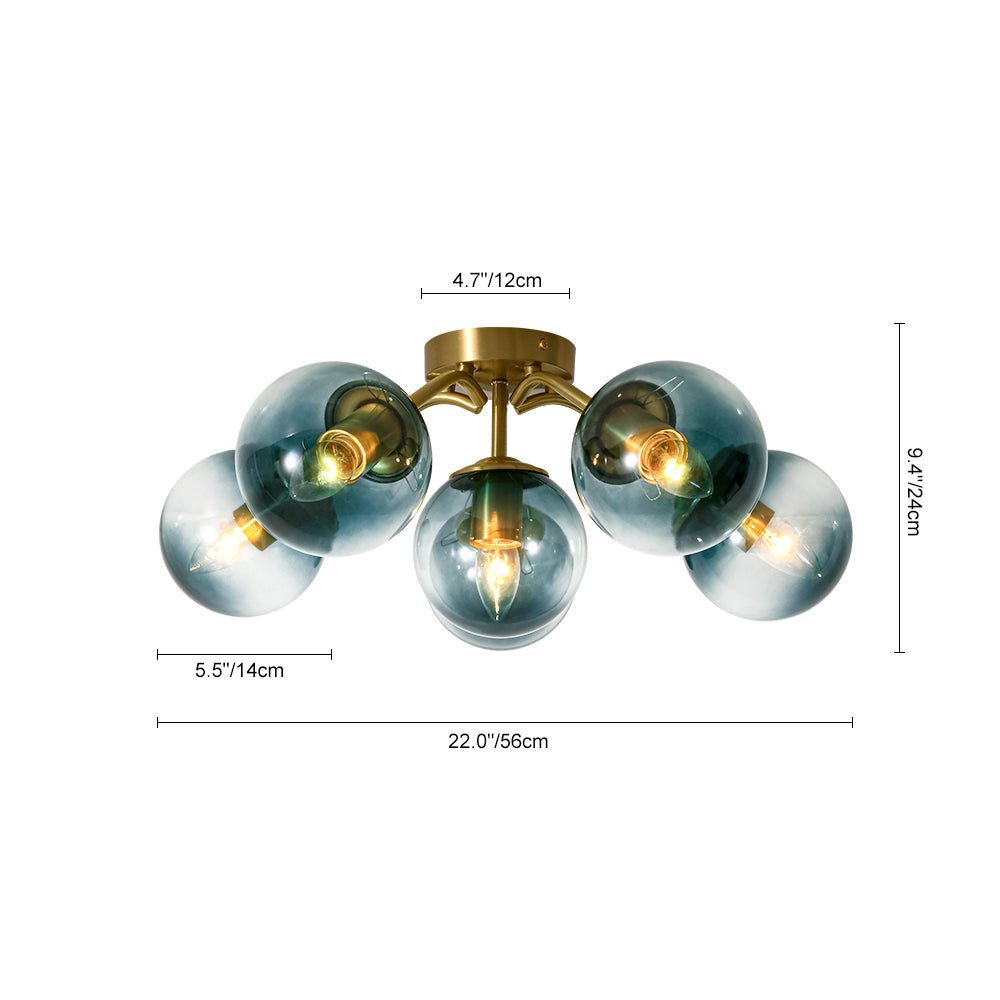 Pendantlightie - Modern Mid - Century Gradient Blue Glass Globe Sputnik Semi Ceiling Light - Semi Flush Mount - Brass - 6Lt